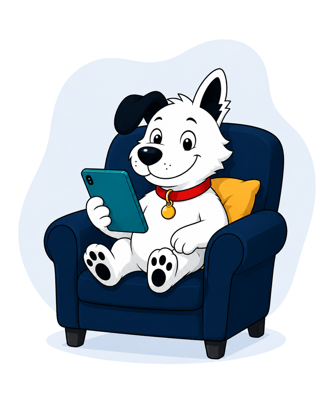 fibredog mascot using a tablet in an armchair