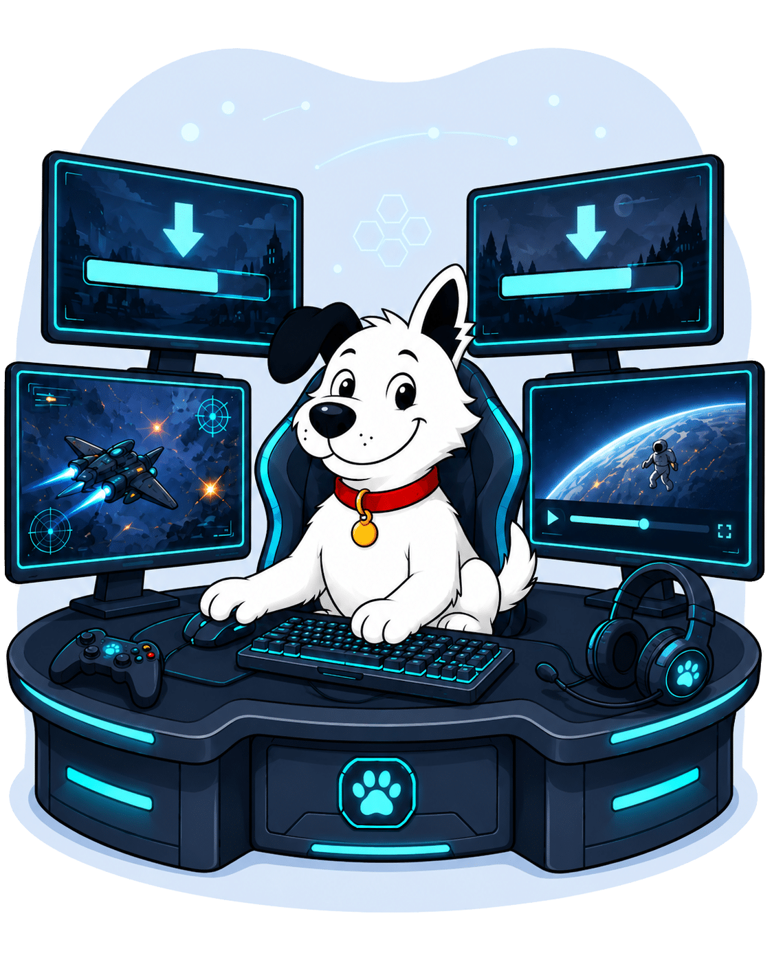 fibredog mascot gaming with headphones