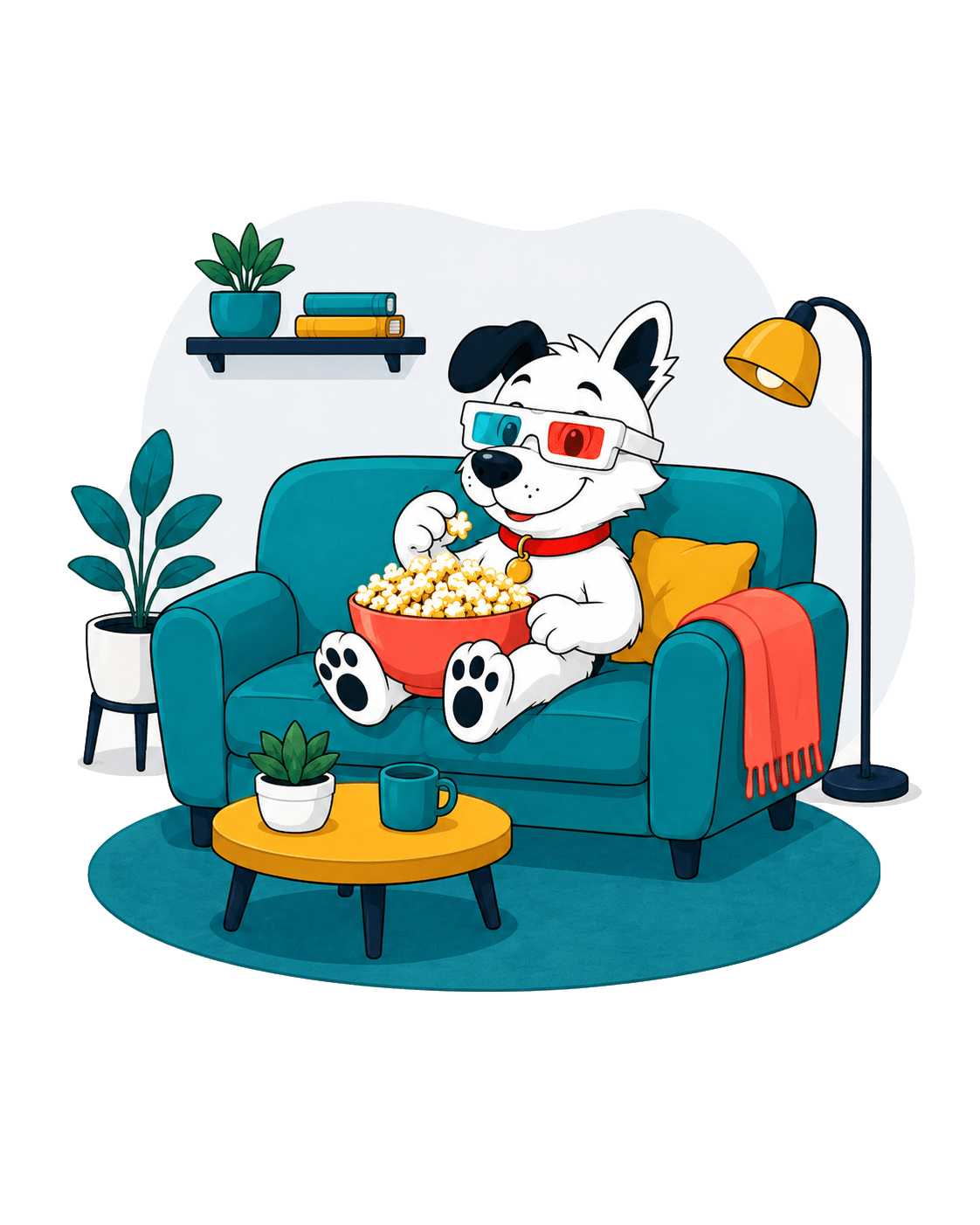 fibredog mascot relaxing on a sofa with a laptop