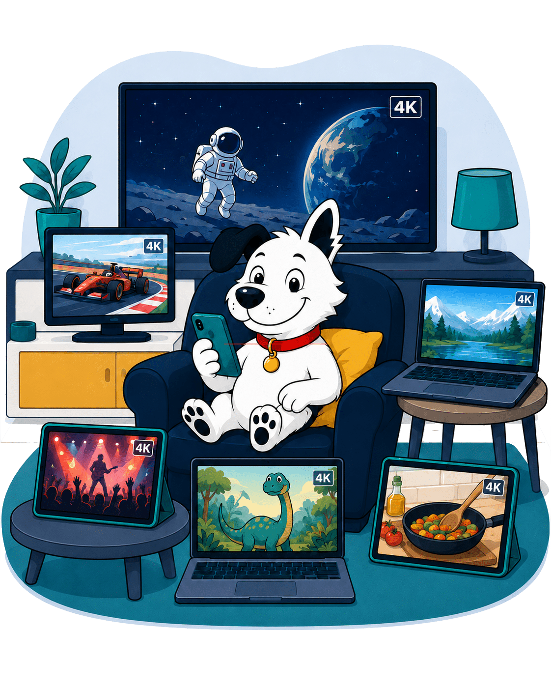 fibredog mascot working at a laptop with headphones