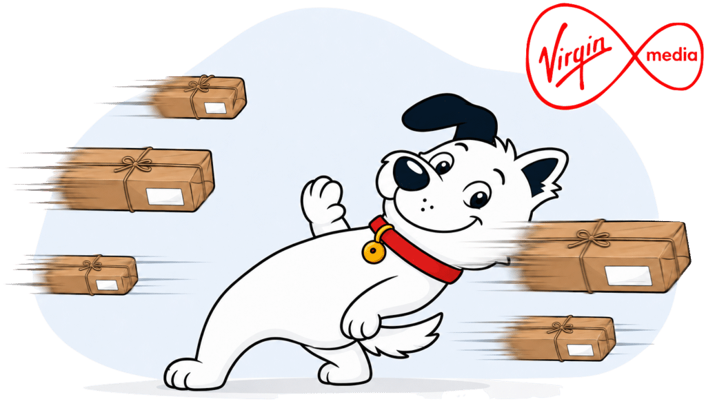 The fibredog mascot dog dodging packages matrix-style, denoting virgin media packages and speeds.