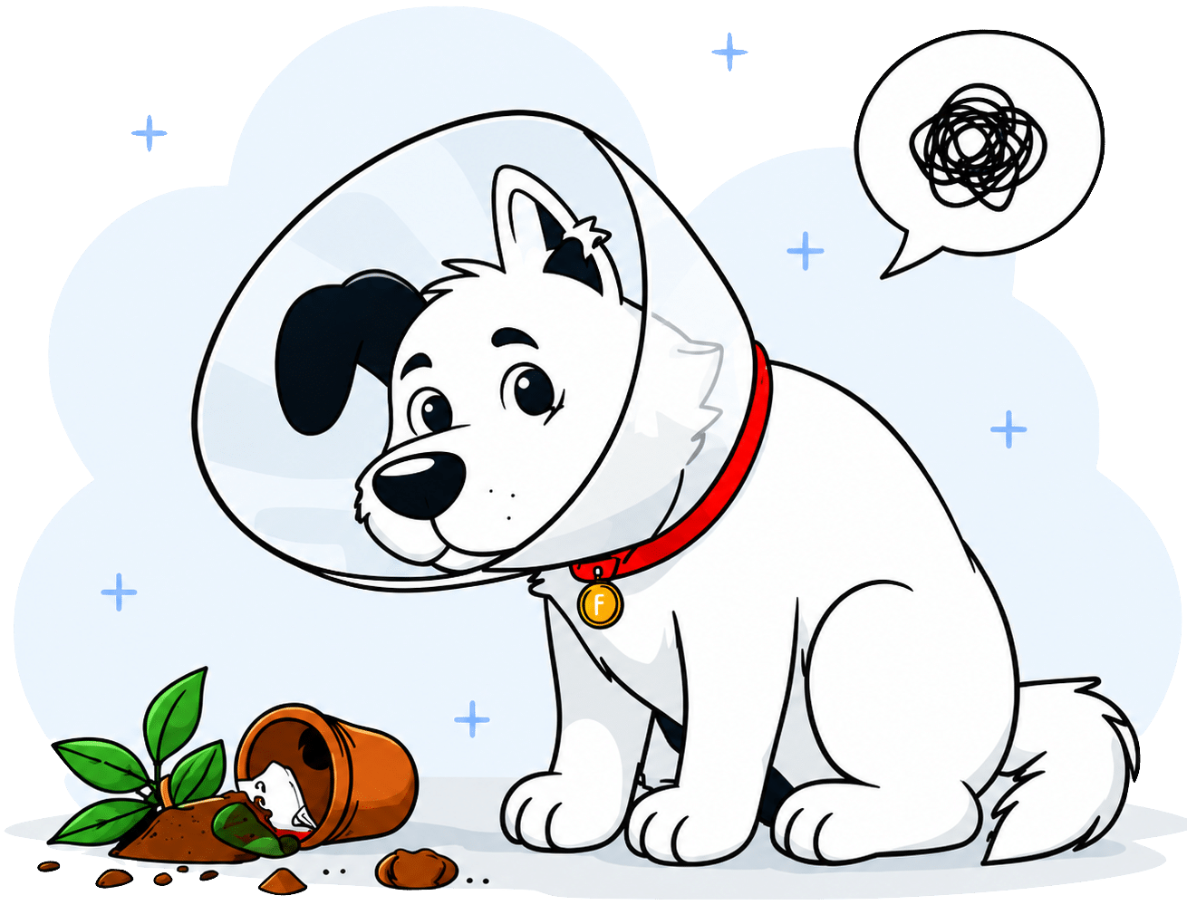 fibredog mascot looking worried beside a knocked-over plant pot