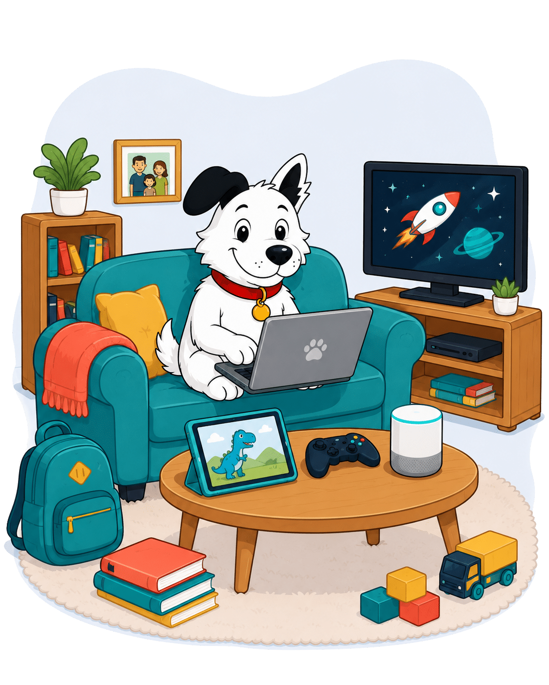fibredog mascot at a desk with several devices