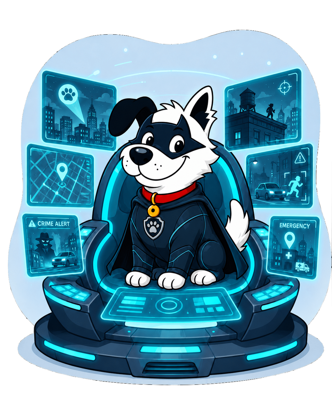 fibredog mascot in a futuristic chair surrounded by screens