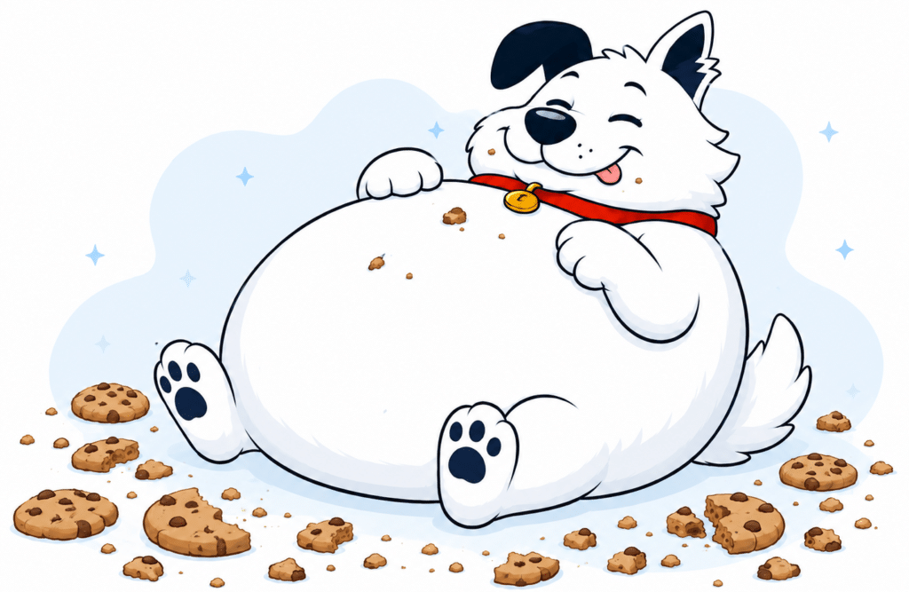An overweight version of the fibredog mascot dog, surrounded by half-eaten cookies to denote privacy and cookies