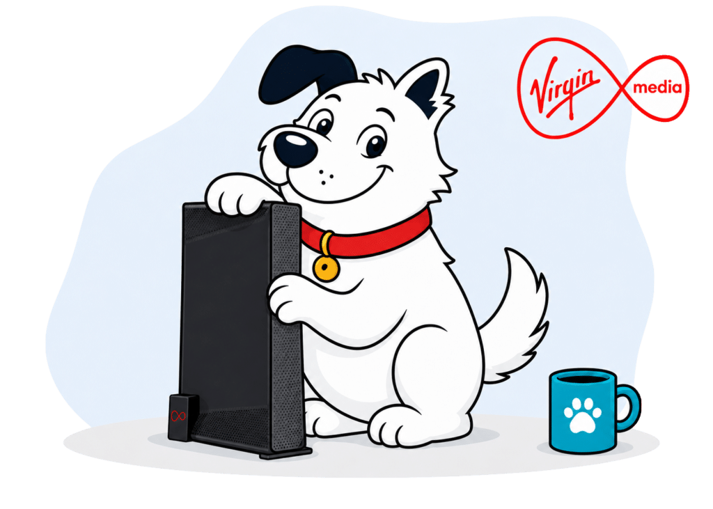 fibredog mascot dog posing with Virgin Media routers