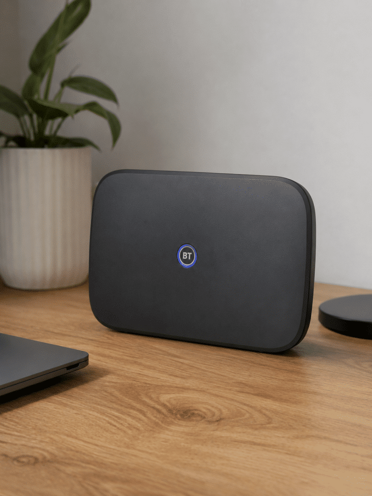the BT Smart Hub 3, sitting on a desk with a plant and a laptop