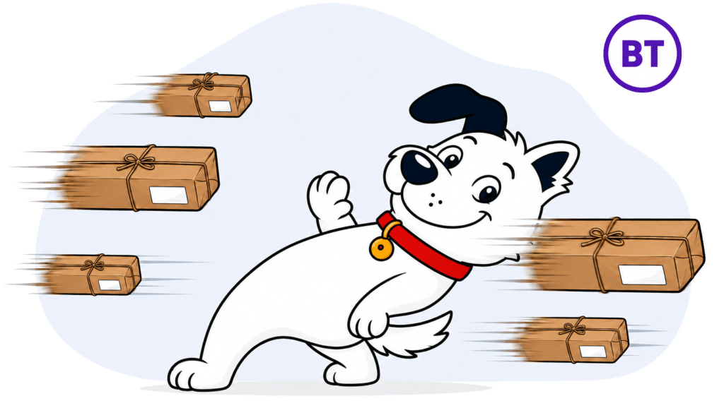 The fibredog mascot dog dodging fast-moving packages matrix-style next to the BT logo to represent BT broadband packages and speeds