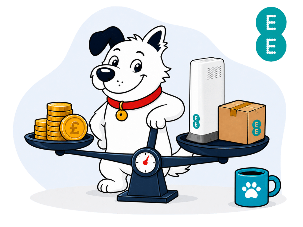 The fibredog mascot – a dog – standing over s set of scales, weighing a stack of coins against EE Broadband routers and equipment, representing value for money.