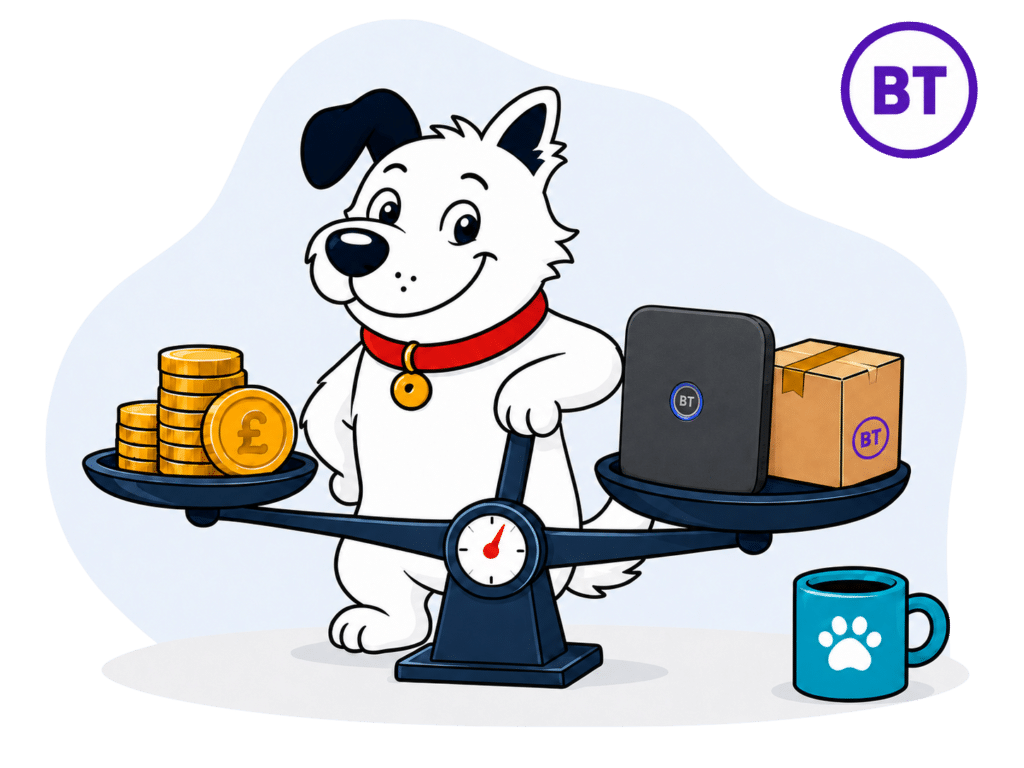 The fibredog mascot – a dog – standing over s set of scales, weighing a stack of coins against BT Broadband routers and equipment, representing value for money.