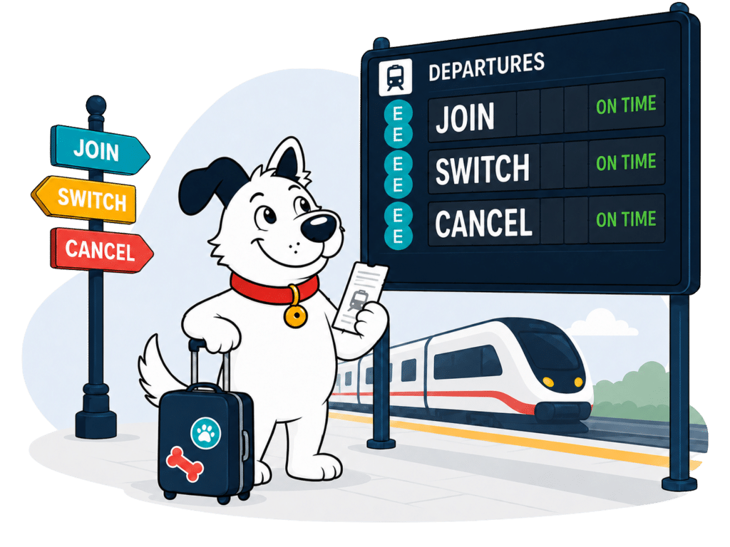 The fibredog mascot dog waiting at a train station, looking at a sign saying ee broadband join, switch or cancel.