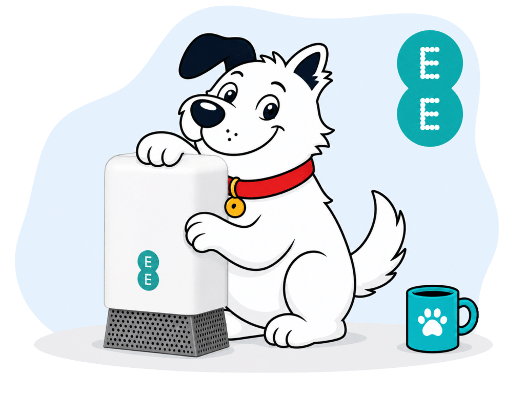 fibredog mascot dog posing with EE broadband routers