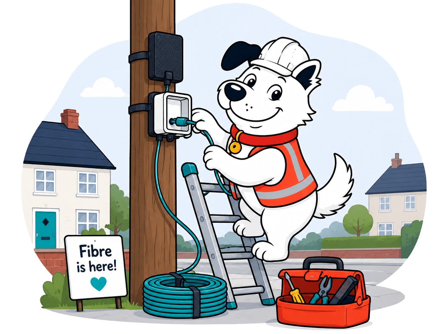 fibredog mascot looking worried beside a knocked-over plant pot