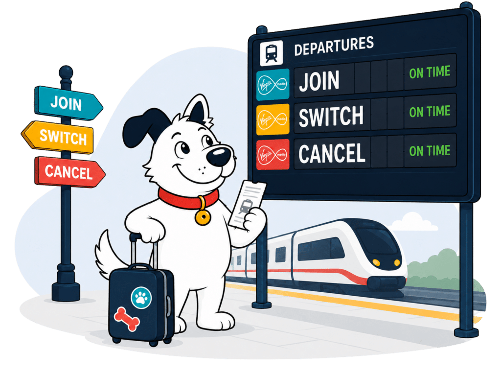 The fibredog mascot dog standing at a train station, looking at an information board, looking at options for join, switch or cancel virgin media trains