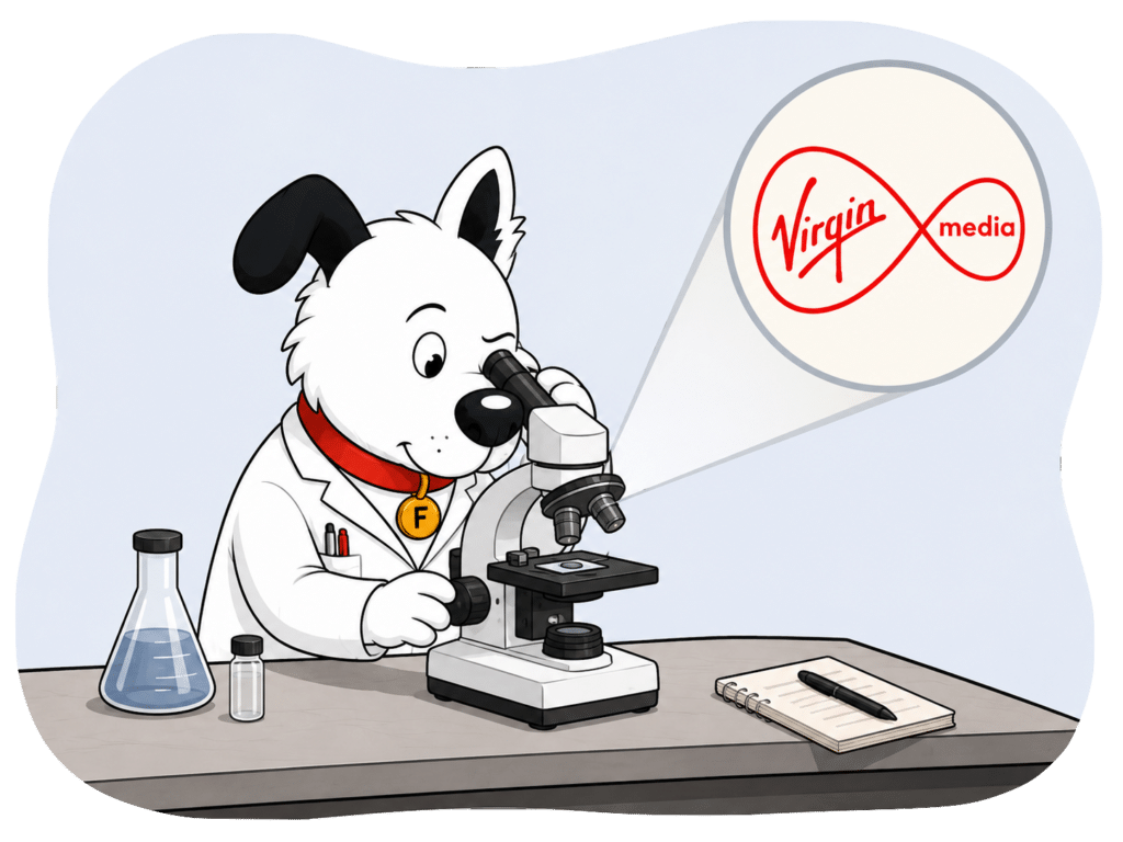 the fibredog mascot, a dog, examining the virgin media logo under a microscope, illustrating a virgin media broadband review