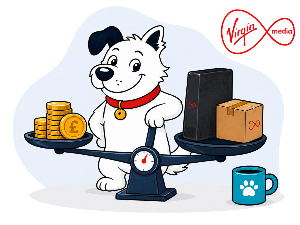 The fibredog mascot – a dog – standing over s set of scales, weighing a stack of coins against Virgin Media Broadband routers and equipment, representing value for money.