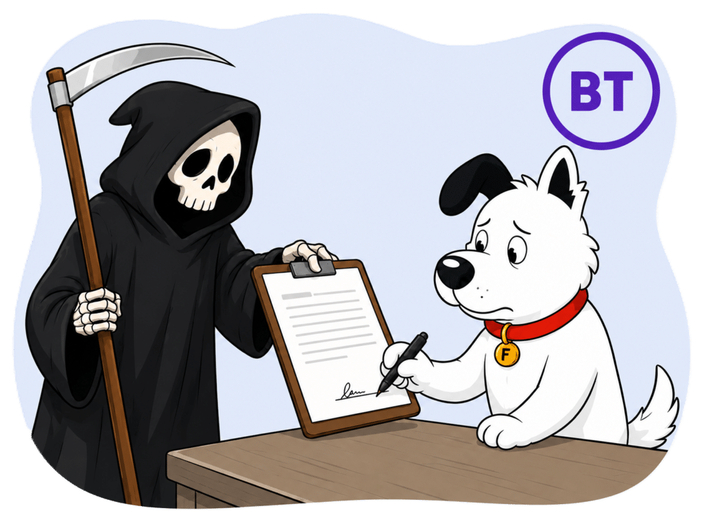 The fibredog mascot dog signing an BT Broadband contract held out by the grim reaper, denoting that signing without reading all BT Broadband contracts and small print terms can be risky