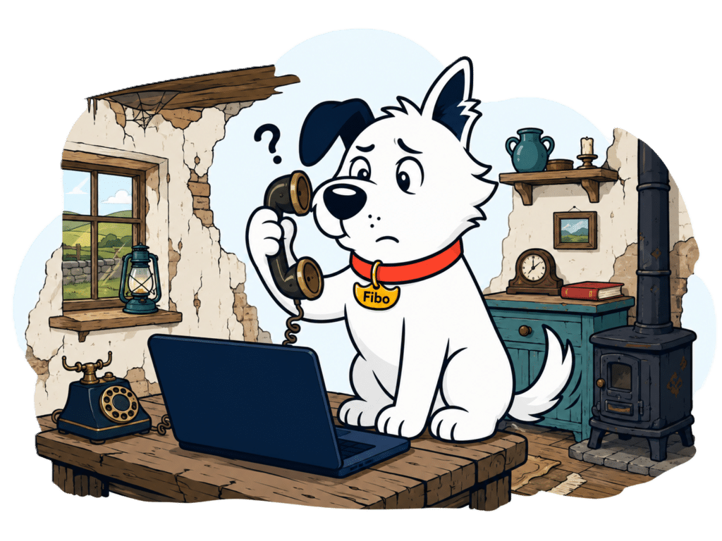 Mascot in cottage with old phone