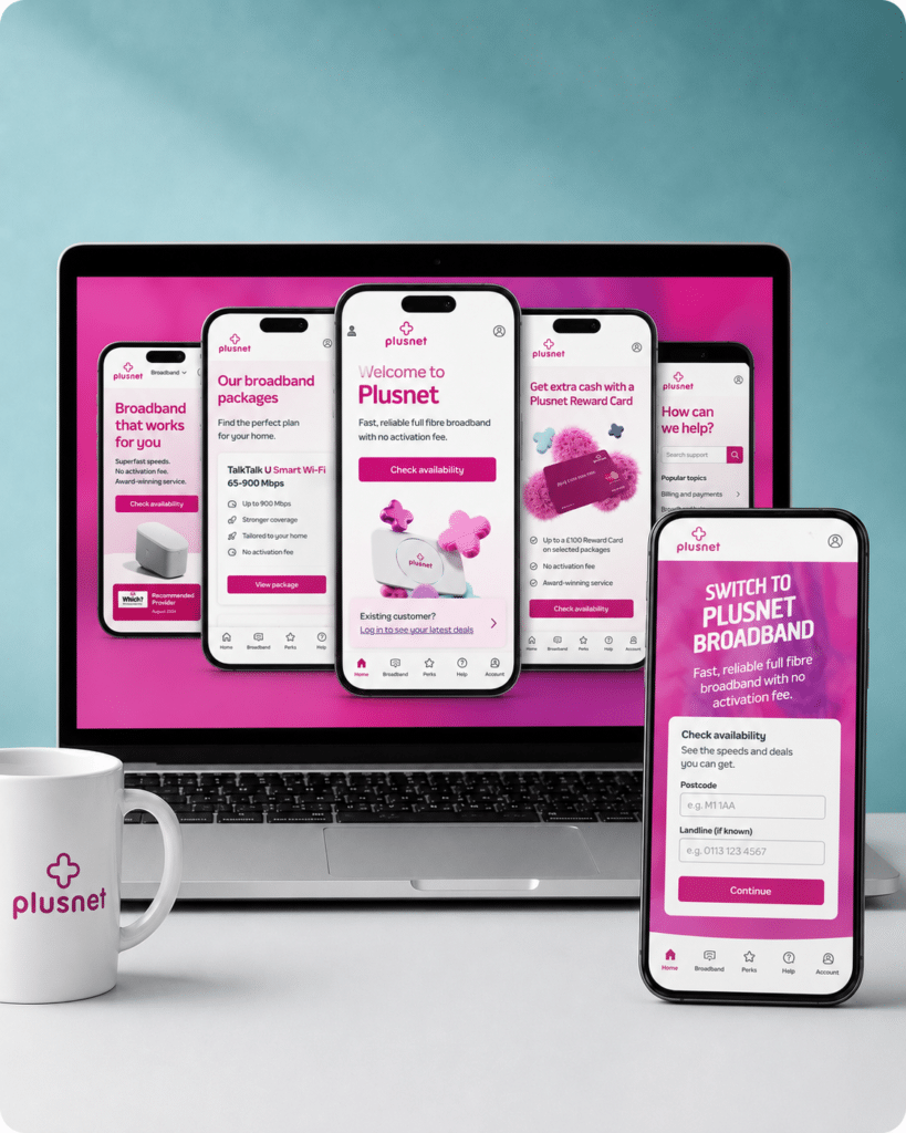 A mug, laptop and phone all displaying plusnet