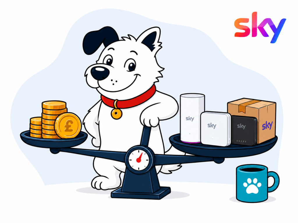 The fibredog mascot – a dog – standing over s set of scales, weighing a stack of coins against Sky Broadband routers and equipment, representing value for money.