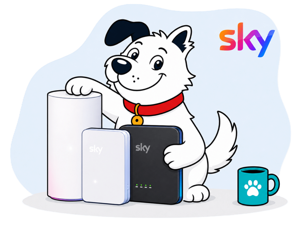 The fibredog dog mascot clutching all three of the sky broadband routers currently available