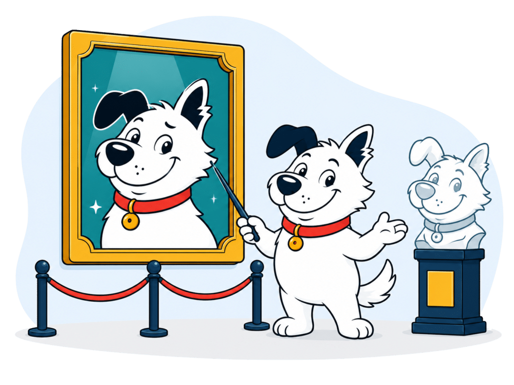 The fibredog mascot next to a staue and a painting of himself, denoting 'about us' because it's all about him