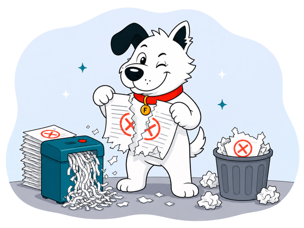 The fibredog mascot dog shredding and tearing up the rules, denoting acceptable use and accessibility