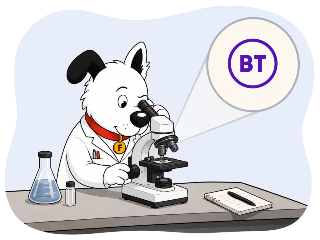 fibredog dog mascot wearing a lab coat and looking at the BT logo under a microscope to denote our bt broadband review