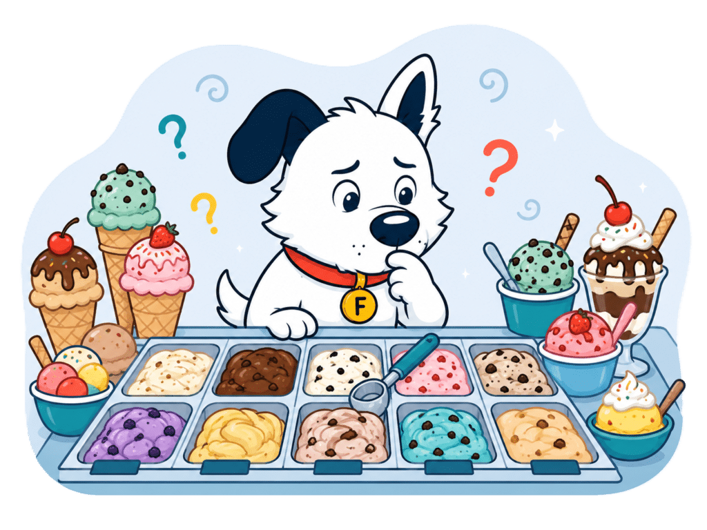 The fibredog yourmatch mascot confused because he cannot choose from many ice cream flavours