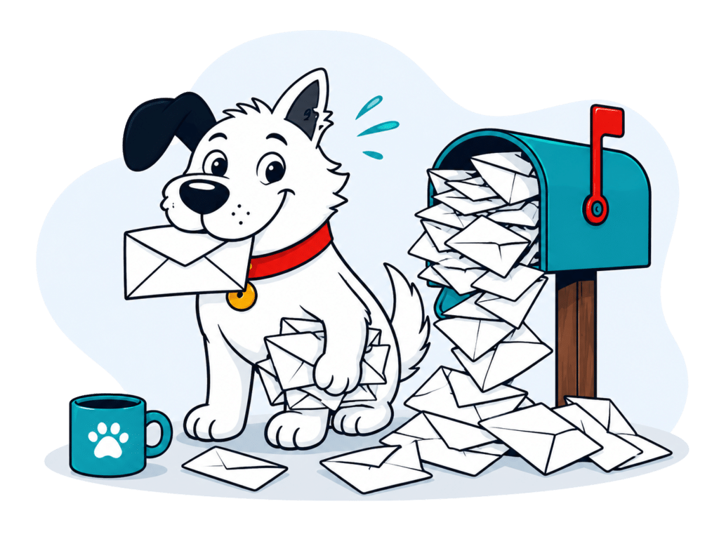 the fibredog dog mascot holding an envelope in his mouth denoting ways to contact us