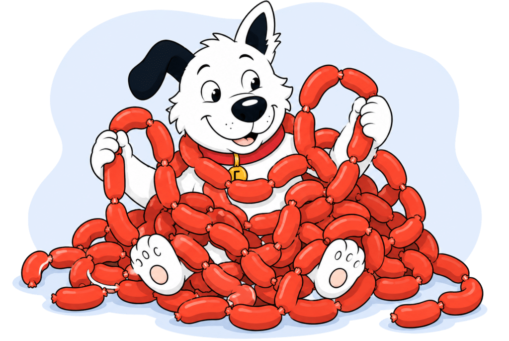 the fibredog mascot dog sitting in a pile of sausage links