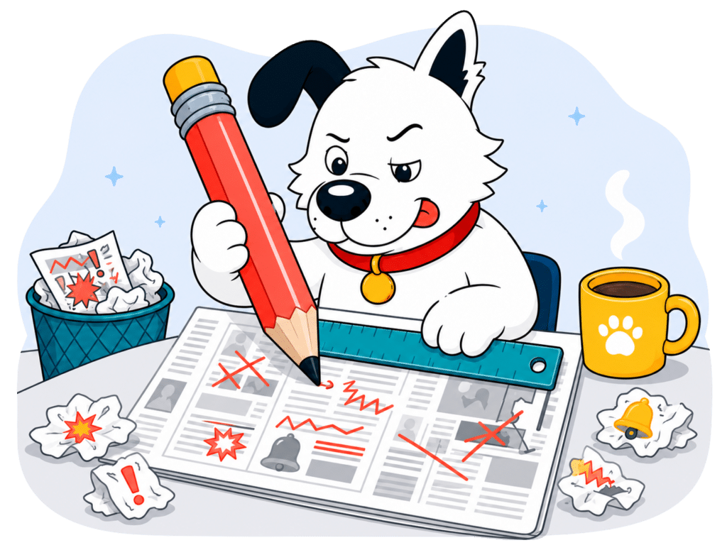 fibredog mascot dog editing news text with a giant pencil to denote editorial policy