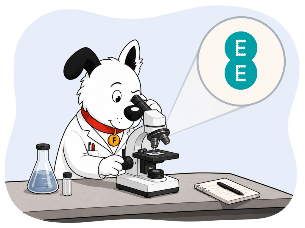 Fibredog mascot dog dressed as a scientist and looking at EE through a microscope to denote ee broadband review