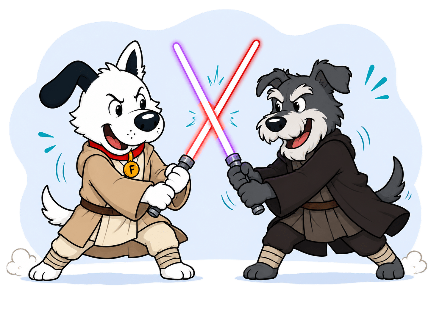 Two fibredog fdog mascots dressed as jedi and duelling, their lightsabers are the colours of virgin media and BT group