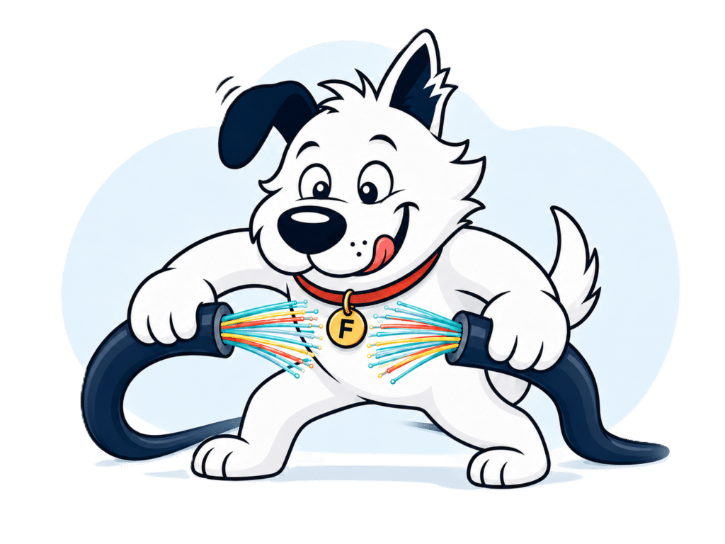 fibredog mascot mashing two fibre optic cables together