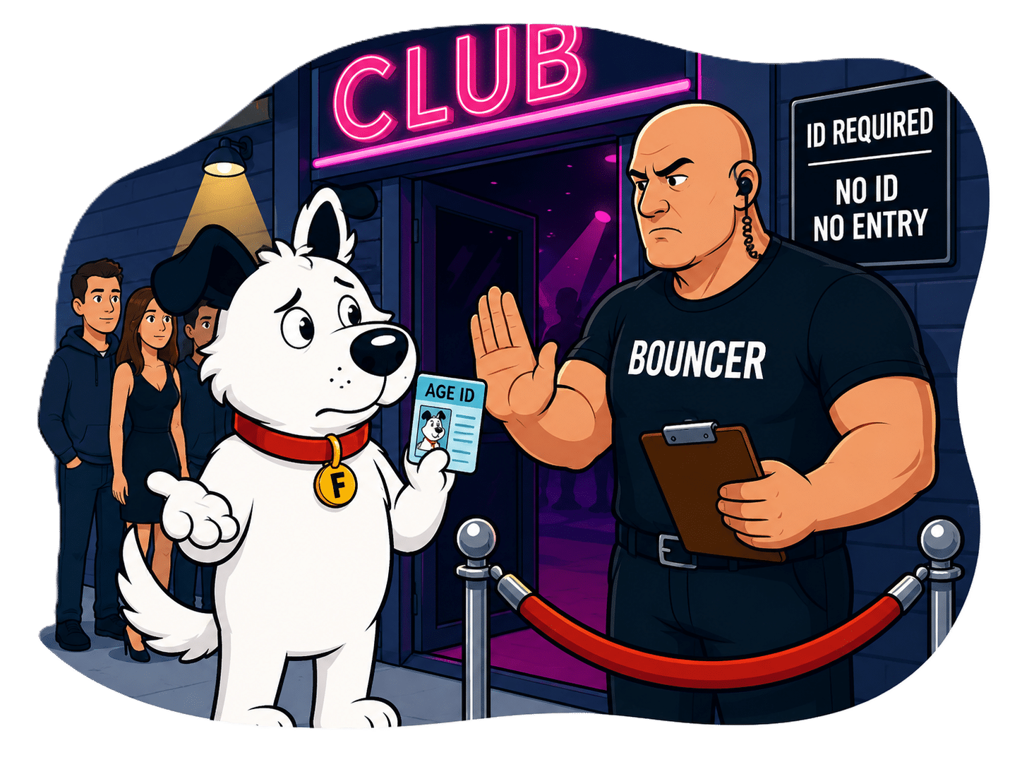 the fibredog mascot being refused entry to a nightclub after failing age check