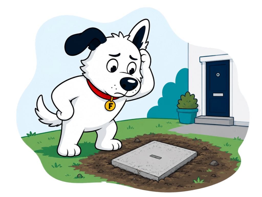 fibredog mascot confused about concrete slab