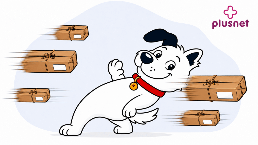 The fibredog mascot dog dodging fast-moving packages matrix-style next to the plusnet logo to represent plusnet broadband packages and speeds