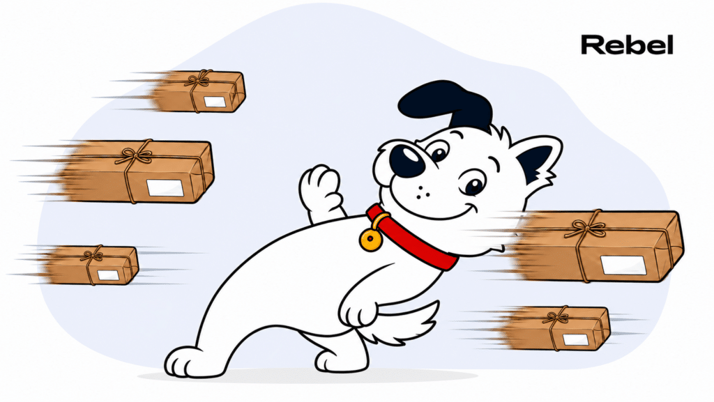 The fibredog mascot dog dodging fast-moving packages matrix-style next to the rebel internet logo to represent rebel internet broadband packages and speeds
