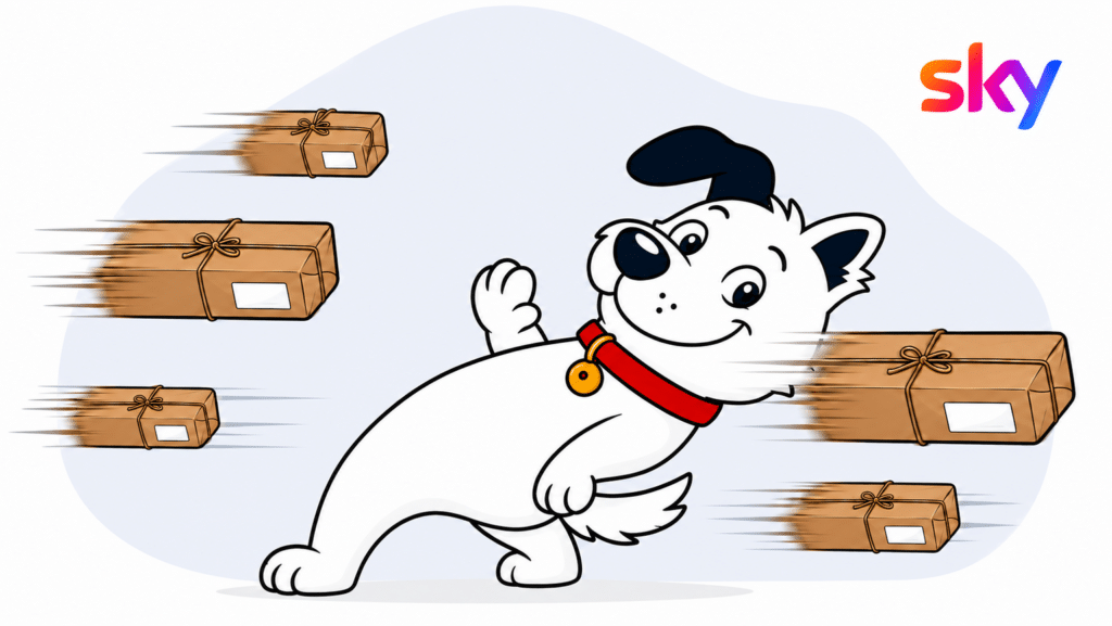 The fibredog mascot dog dodging fast-moving packages matrix-style next to the Sky logo to represent Sky broadband packages and speeds