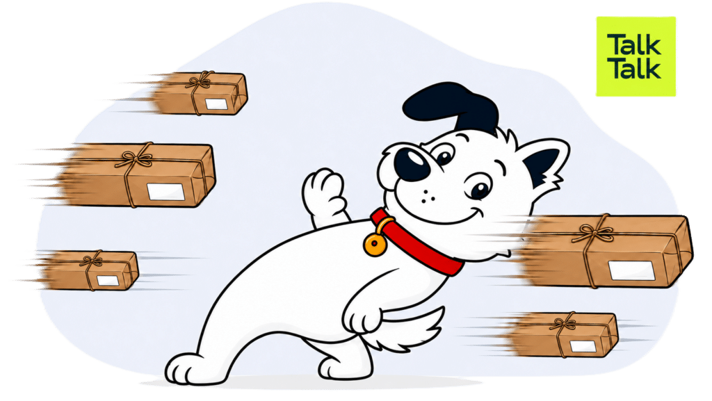 The fibredog mascot dog dodging fast-moving packages matrix-style next to the TalkTalk logo to represent TalkTalk broadband packages and speeds