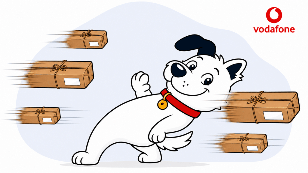 The fibredog mascot dog dodging fast-moving packages matrix-style next to the vodafone logo to represent vodafone broadband packages and speeds