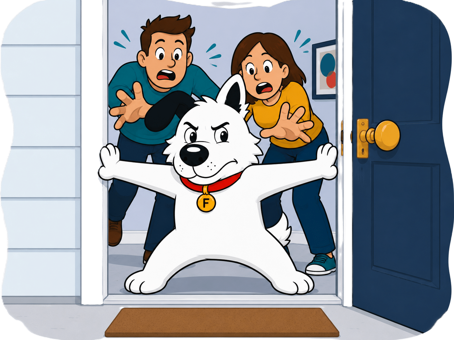The fibredog mascot dog obstructing an exit while his owners try to get past him.