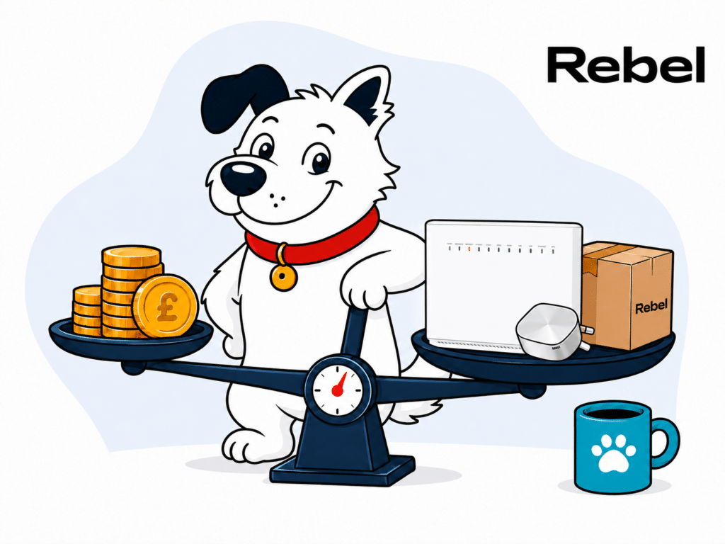 The fibredog mascot – a dog – standing over a set of scales, weighing a stack of coins against rebel internet routers and equipment, representing value for money.