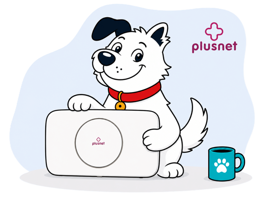 the fibredog mascot dog with the plusnet hub two router