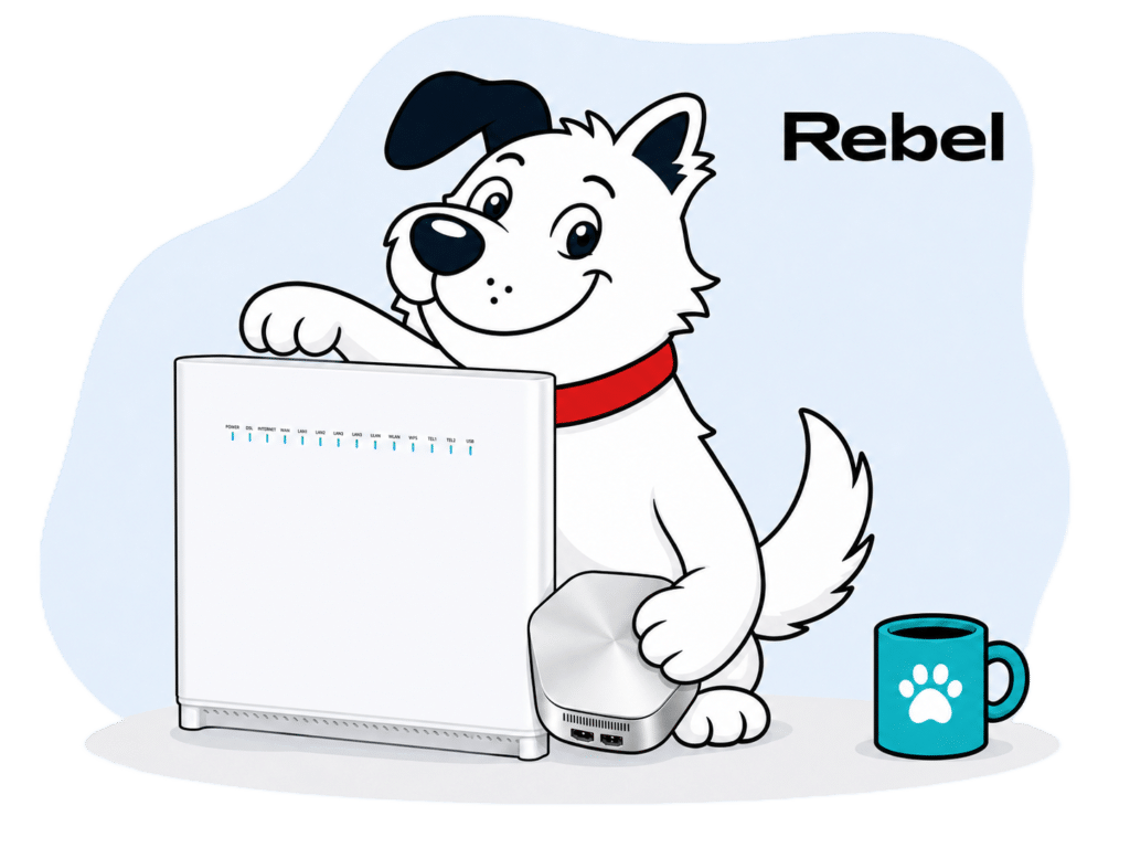 the fibredog mascot dog with the rebel r1 and plume pod routers