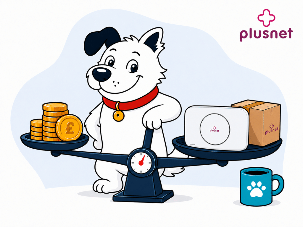 The fibredog mascot – a dog – standing over a set of scales, weighing a stack of coins against plusnet routers and equipment, representing value for money.