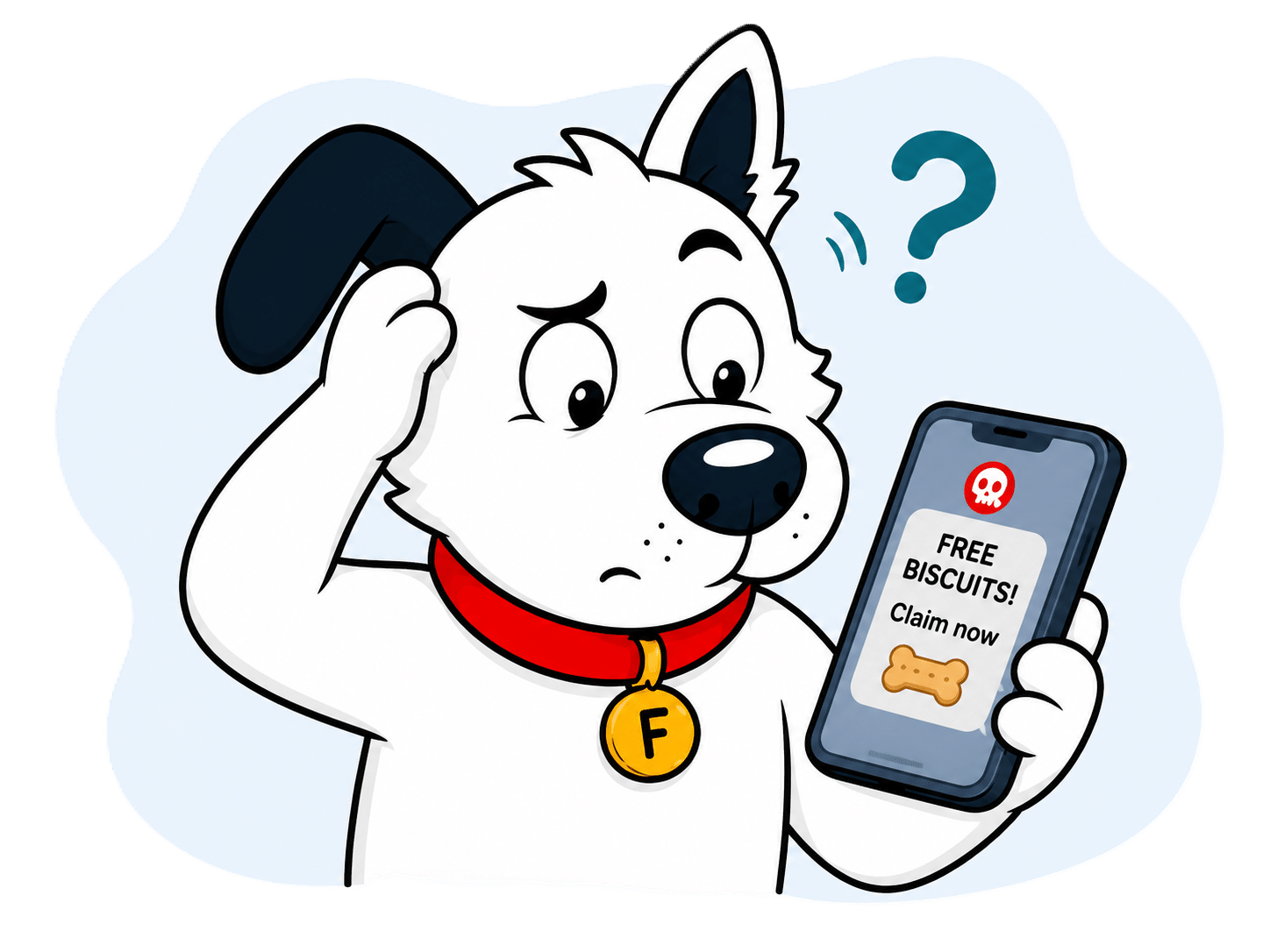 fibredog mascot dog receiving a scam text about free biscuits