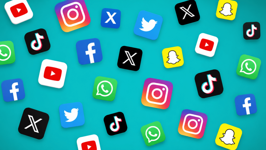 A cluster of social media icons on a teal background