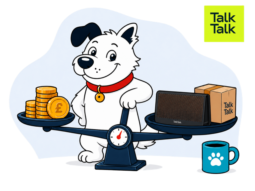 The fibredog mascot – a dog – standing over s set of scales, weighing a stack of coins against TalkTalk routers and equipment, representing value for money.
